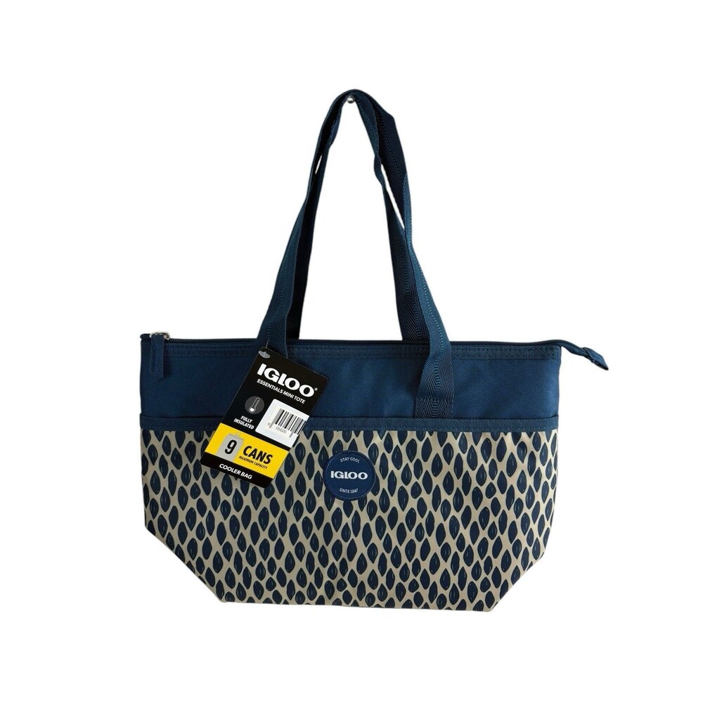 Igloo Mini Essential Tote Cooler Bag 9 Can Insulated Lunch Blue Beige Leaf NEW